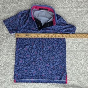 Greyson Medium Golf Kids Polo Shirt in Blue and Pink Sharks. Vibrant  polo with